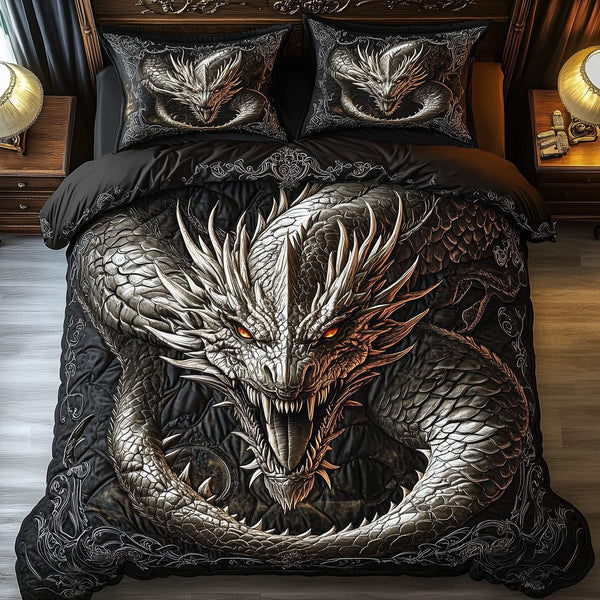 Majestic Dragon quilted 3-piece bedding set on a made bed with two matching pillow shams