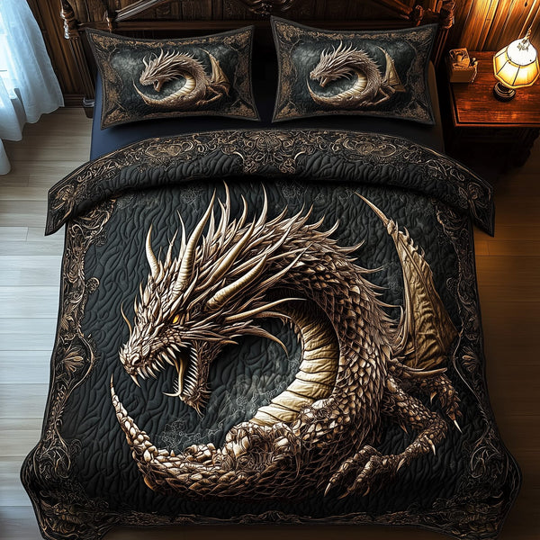 Majestic Dragon quilted 3-piece bedding set on a made bed with two matching pillow shams