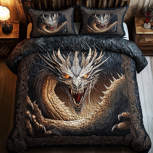 Majestic Dragon quilted 3-piece bedding set on a made bed with two matching pillow shams