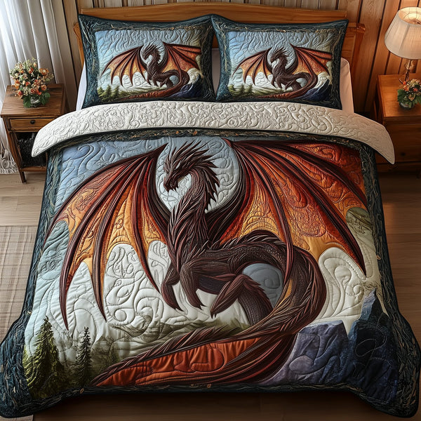 Majestic Dragon quilted 3-piece bedding set on a made bed with two matching pillow shams
