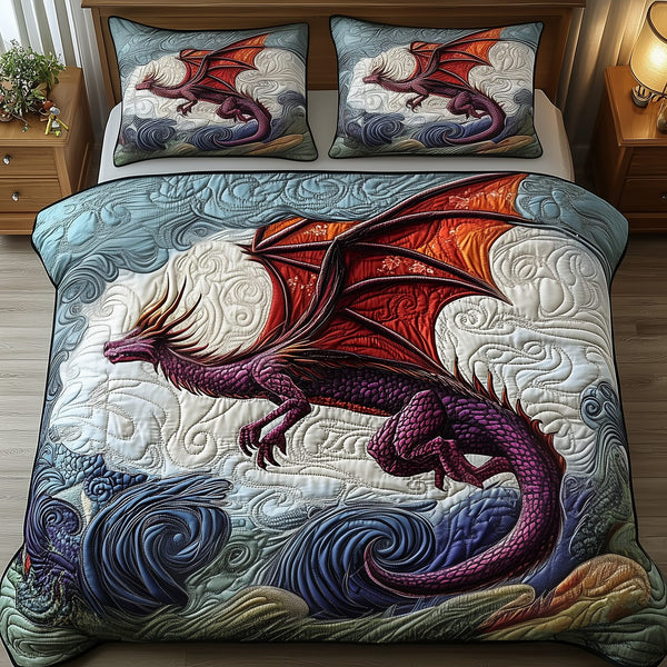 Majestic Dragon quilted 3-piece bedding set on a made bed with two matching pillow shams