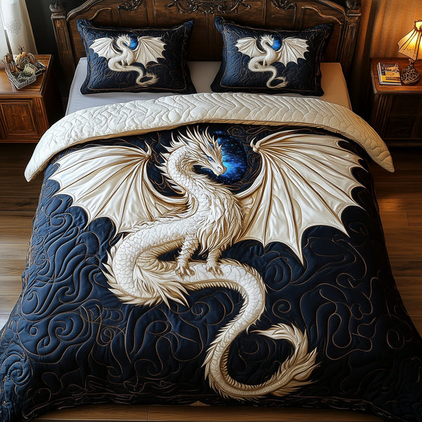 Majestic Dragon quilted 3-piece bedding set on a made bed with two matching pillow shams