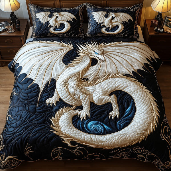 Majestic Dragon quilted 3-piece bedding set on a made bed with two matching pillow shams