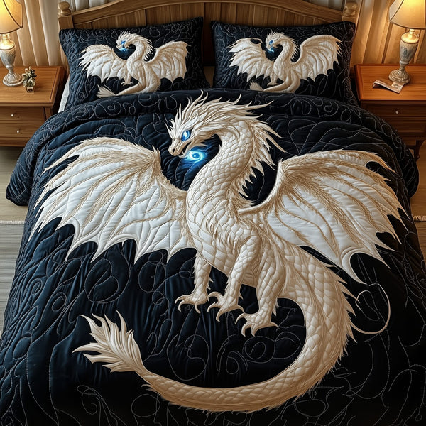 Majestic Dragon quilted 3-piece bedding set on a made bed with two matching pillow shams