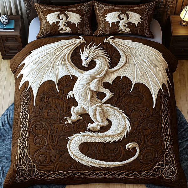 Majestic Dragon quilted 3-piece bedding set on a made bed with two matching pillow shams