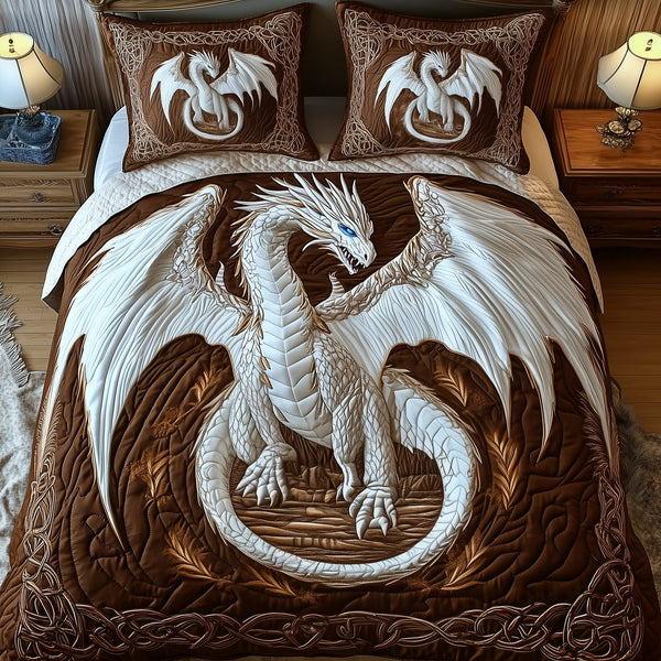 Majestic Dragon quilted 3-piece bedding set on a made bed with two matching pillow shams