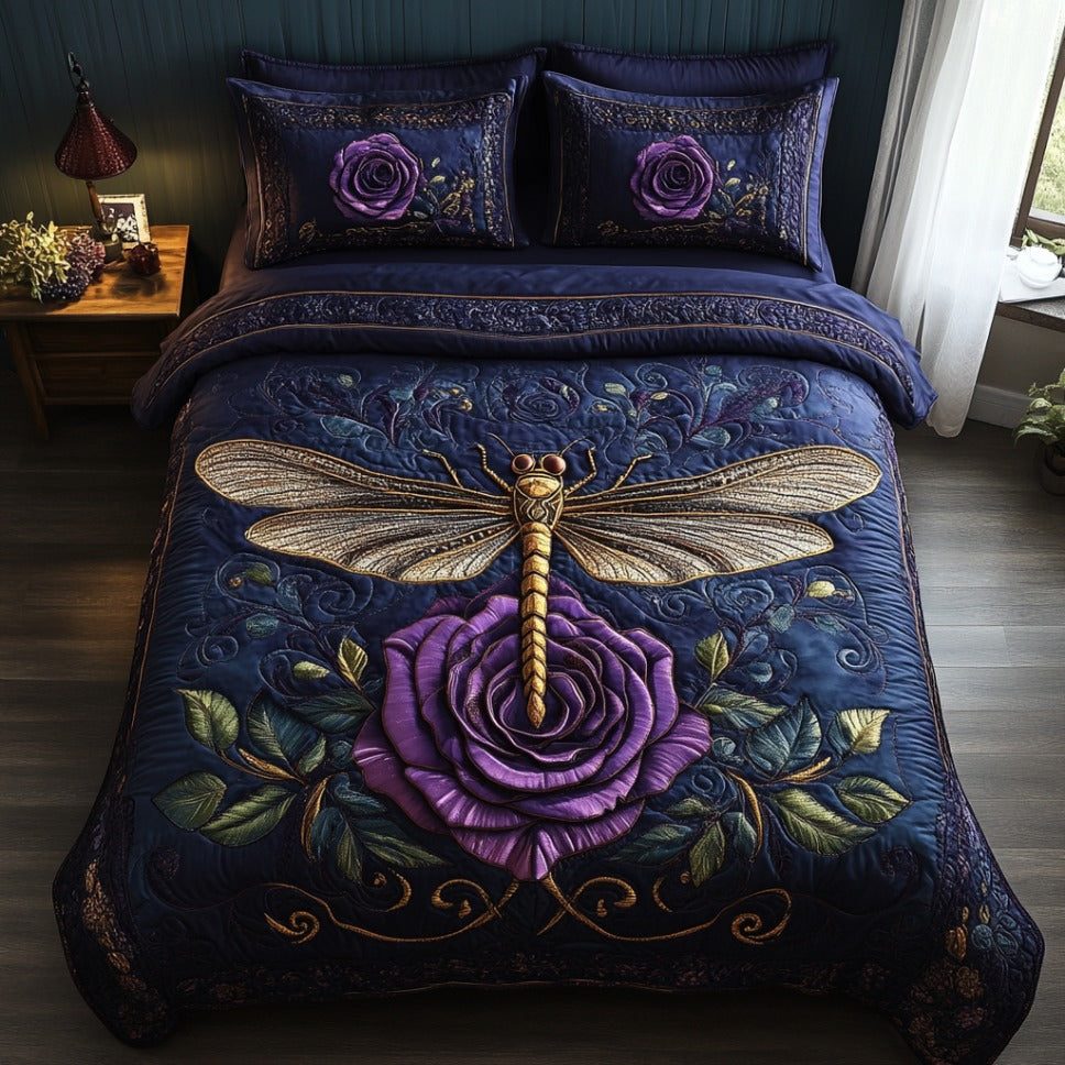 Majestic Dragonfly quilted 3-piece bedding set on a made bed with two matching pillow shams