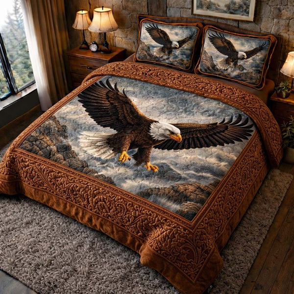 Majestic Eagle quilted 3-piece bedding set on a made bed in a warmly lit bedroom