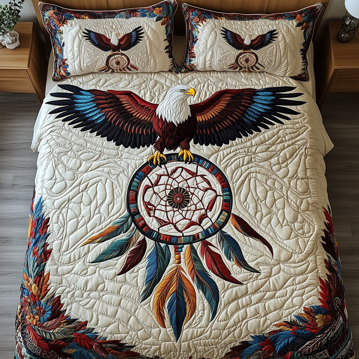 Majestic Eagle quilted 3-piece bedding set on a made bed in a warmly lit bedroom