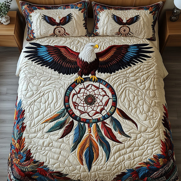 Majestic Eagle quilted 3-piece bedding set on a made bed in a warmly lit bedroom
