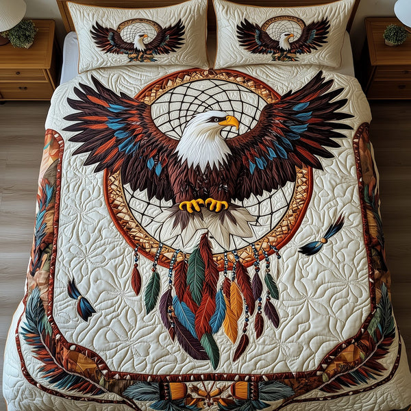 Majestic Eagle quilted 3-piece bedding set on a made bed in a warmly lit bedroom