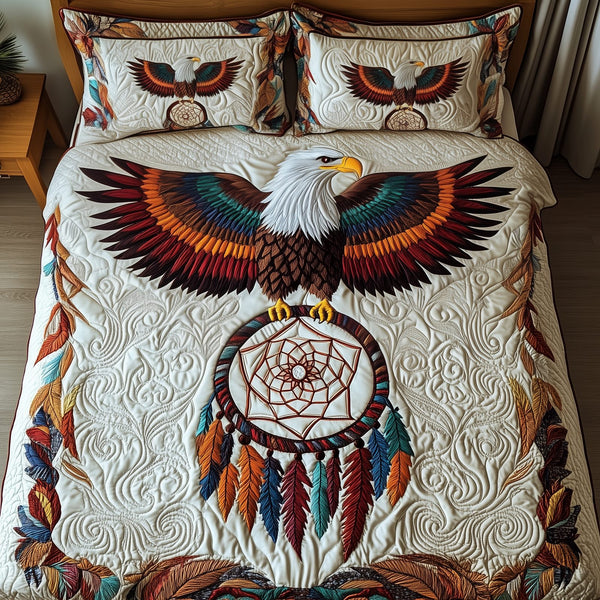 Majestic Eagle quilted 3-piece bedding set on a made bed in a warmly lit bedroom