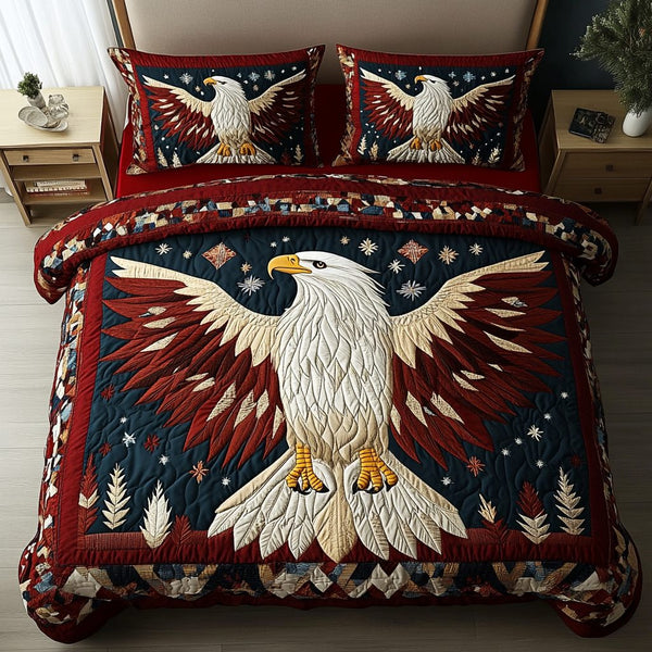 Majestic Eagle quilted 3-piece bedding set on a made bed in a warmly lit bedroom