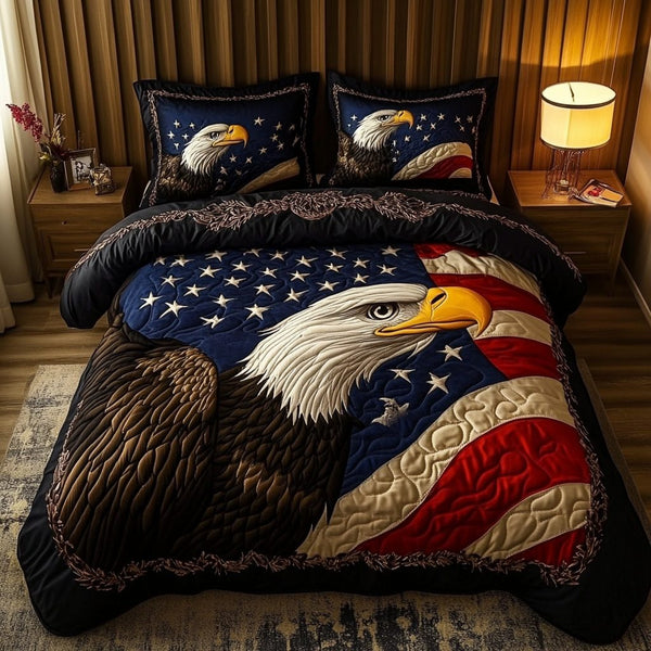 Majestic Eagle quilted 3-piece bedding set on a made bed in a warmly lit bedroom