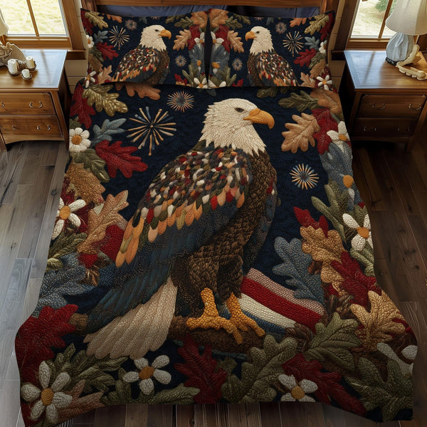 Majestic Eagle quilted 3-piece bedding set on a made bed in a warmly lit bedroom