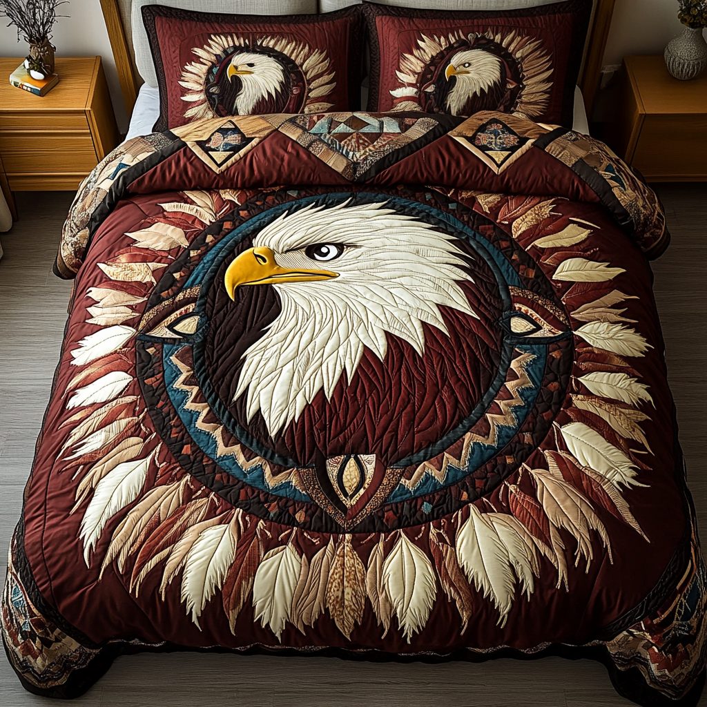 Majestic Eagle quilted 3-piece bedding set on a made bed in a warmly lit bedroom
