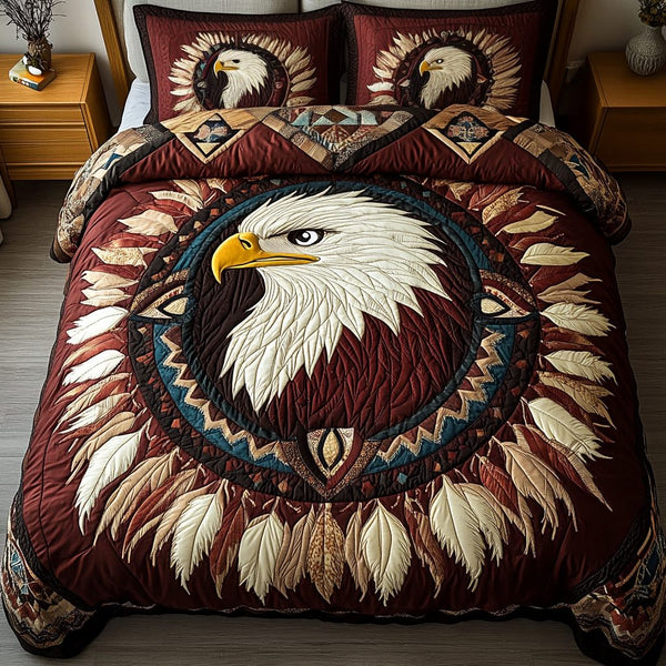 Majestic Eagle quilted 3-piece bedding set on a made bed in a warmly lit bedroom
