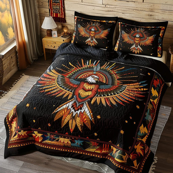 Majestic Eagle Warrior quilted 3-piece bedding set on a made bed in a warmly lit bedroom