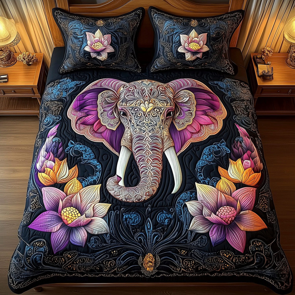 Majestic Elephant Bliss quilted 3-piece bedding set on a made bed with two matching pillow shams