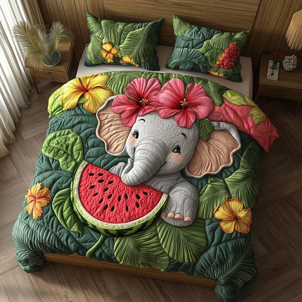 Majestic Elephant Grace quilted 3-piece bedding set on a made bed with two matching pillow shams
