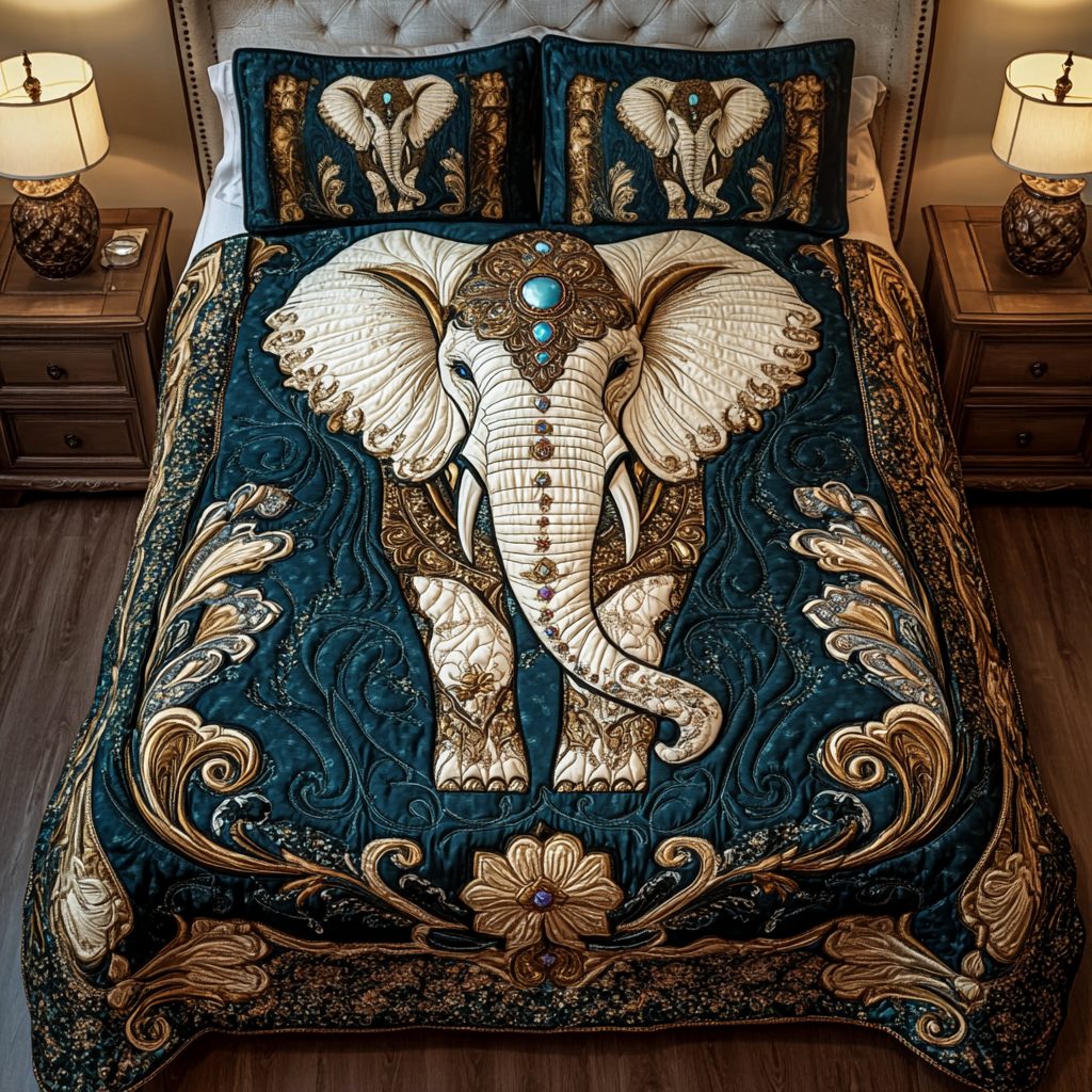 Majestic Elephant quilted 3-piece bedding set on a made bed with two matching pillow shams