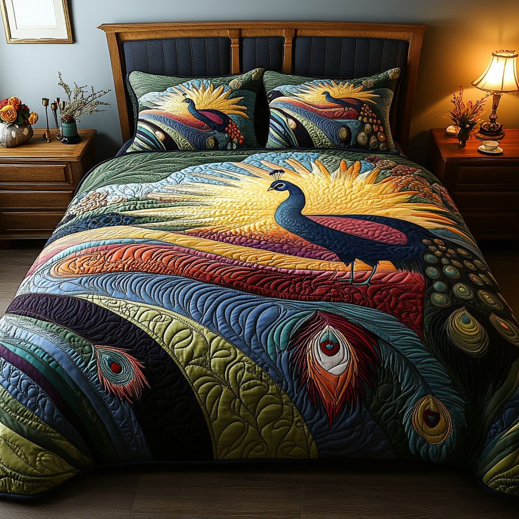 Majestic Feathers and Fields quilted 3-piece bedding set on a made bed with two matching pillow shams