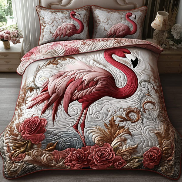 Majestic Flamingo quilted 3-piece bedding set on a made bed with two matching pillow shams