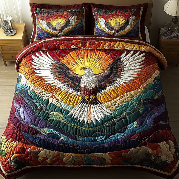 Majestic Flight quilted 3-piece bedding set on a made bed with two matching pillow shams