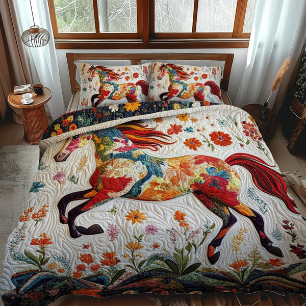 Majestic Floral Horse quilted 3-piece bedding set on a made bed in a rustic timber bedroom