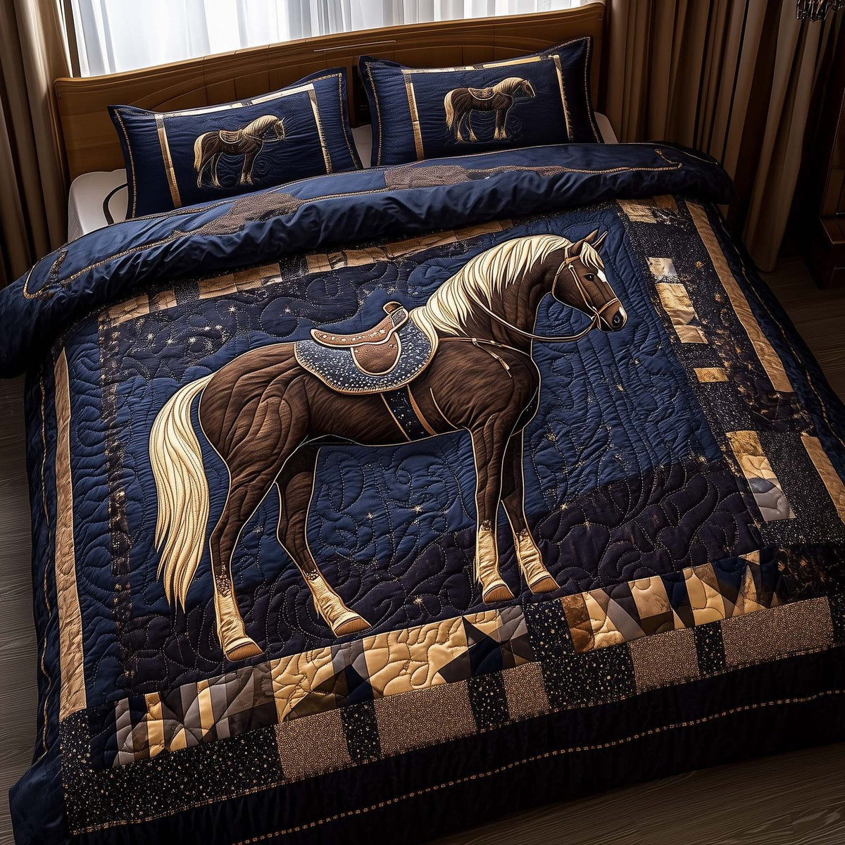 Majestic Force quilted 3-piece bedding set on a made bed with two matching pillow shams