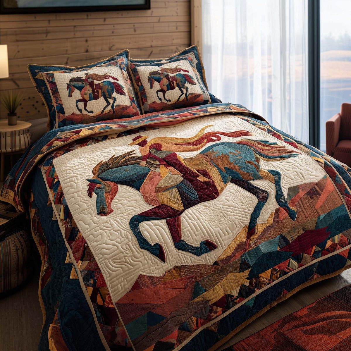 Majestic Force quilted 3-piece bedding set on a made bed with two matching pillow shams