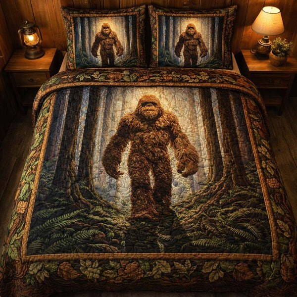 Majestic Forest Bigfoot quilted 3-piece bedding set on a made bed with two matching pillow shams