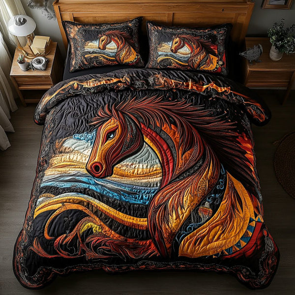 Majestic Gallop quilted 3-piece bedding set on a made bed with two matching pillow shams