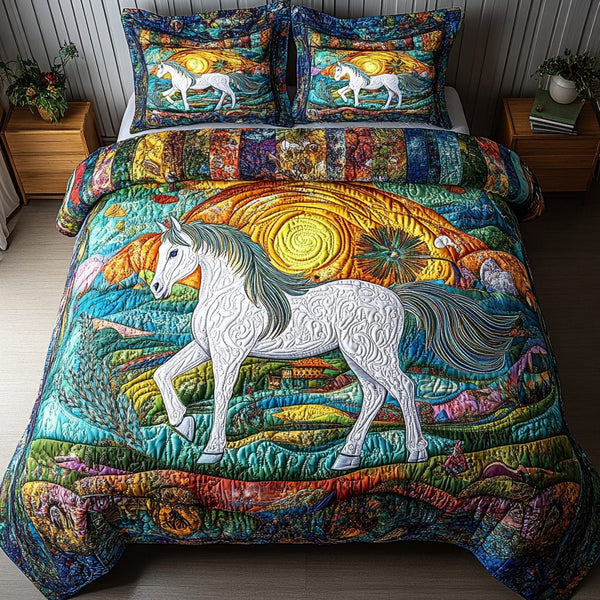 Majestic Gallop quilted 3-piece bedding set on a made bed with two matching pillow shams
