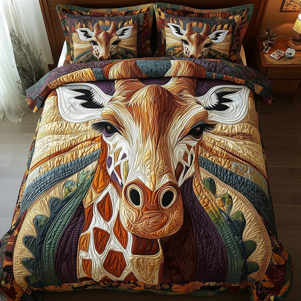 Majestic Giraffe quilted 3-piece bedding set on a made bed with two matching pillow shams