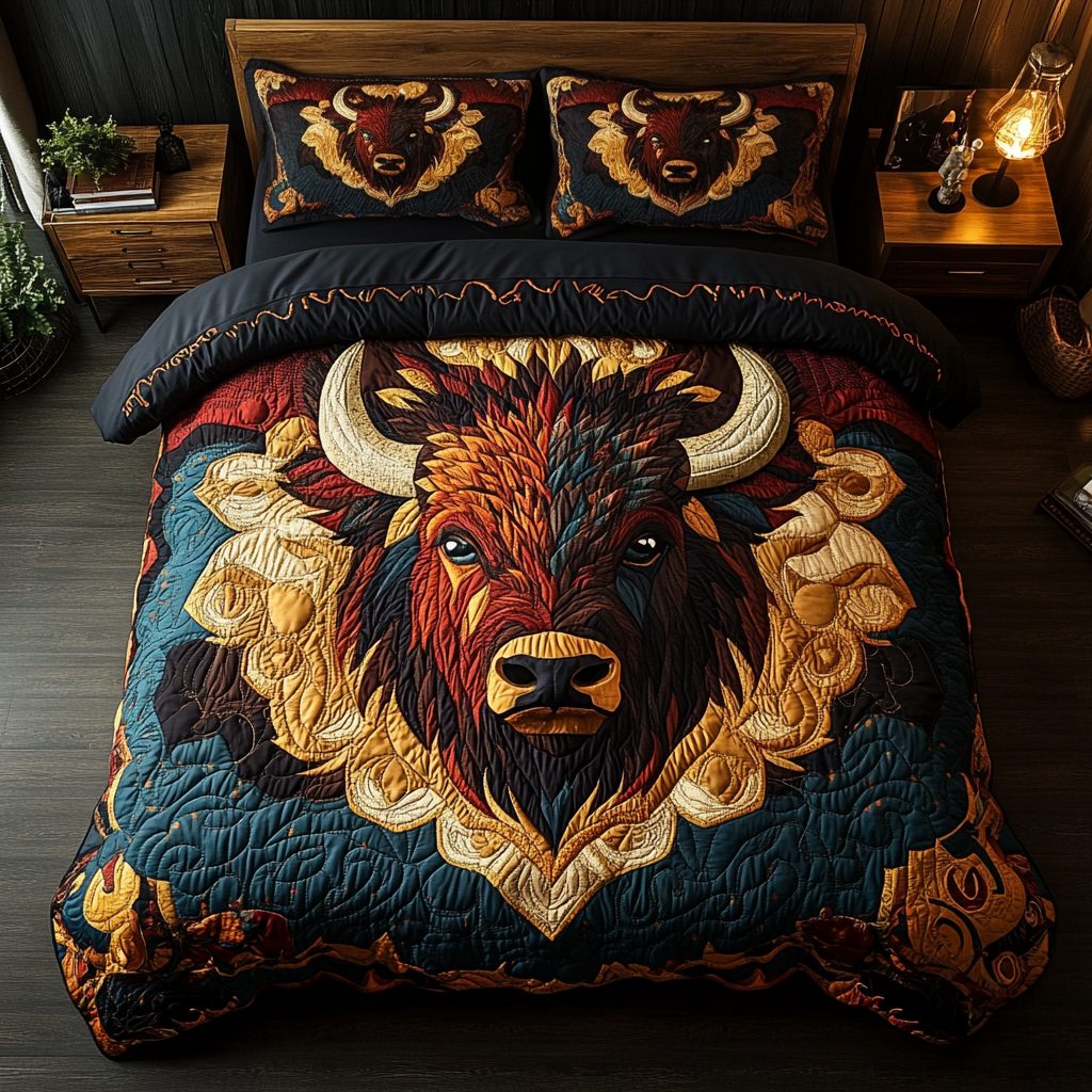 Majestic Herd quilted 3-piece bedding set on a made bed with two matching pillow shams