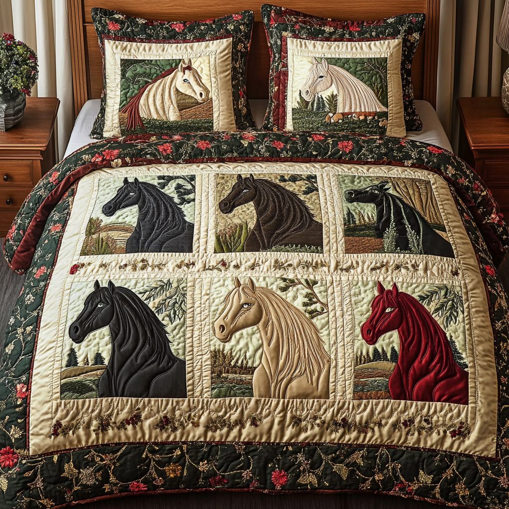 Majestic Herd quilted 3-piece bedding set on a made bed with two matching pillow shams