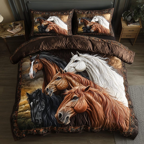 Majestic Horse Gallop quilted 3-piece bedding set on a made bed in a rustic timber bedroom