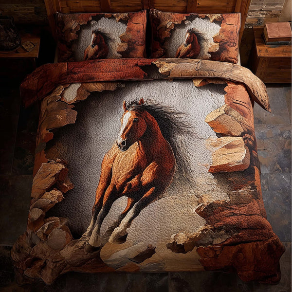 Majestic Horse quilted 3-piece bedding set on a made bed in a rustic timber bedroom