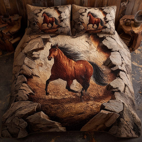 Majestic Horse quilted 3-piece bedding set on a made bed in a rustic timber bedroom