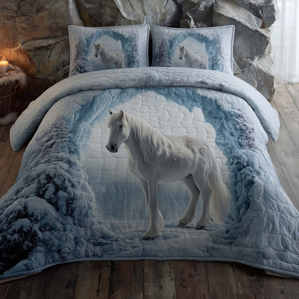 Majestic Horse quilted 3-piece bedding set on a made bed in a rustic timber bedroom