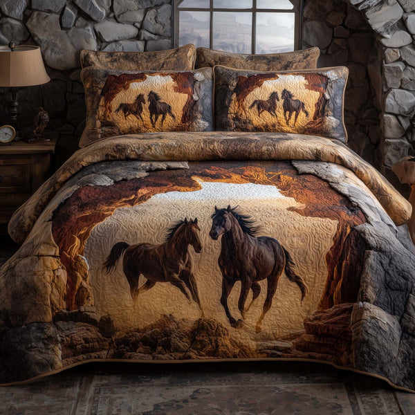 Majestic Horse quilted 3-piece bedding set on a made bed in a rustic timber bedroom