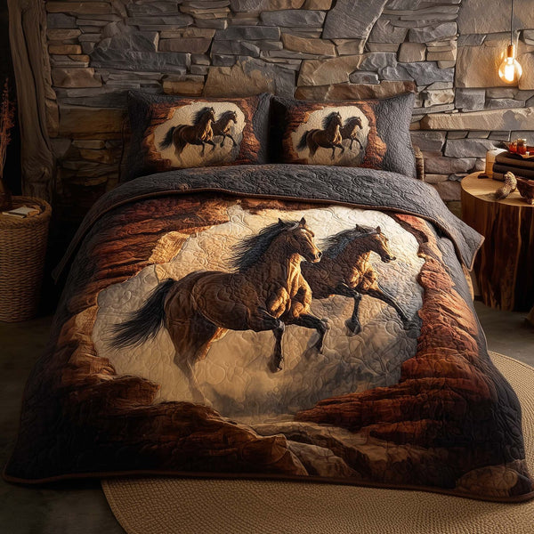 Majestic Horse quilted 3-piece bedding set on a made bed in a rustic timber bedroom