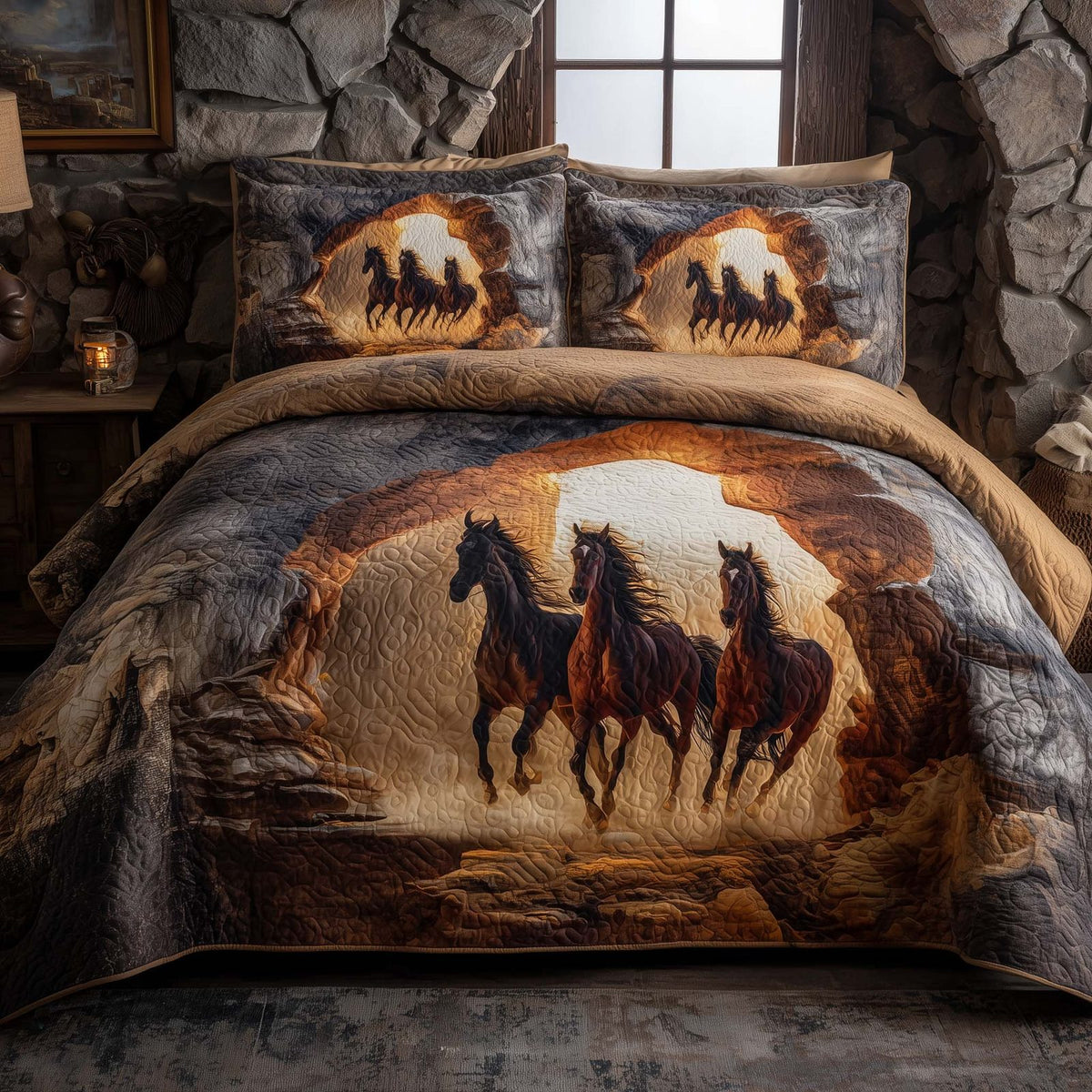 Majestic Horse quilted 3-piece bedding set on a made bed in a rustic timber bedroom