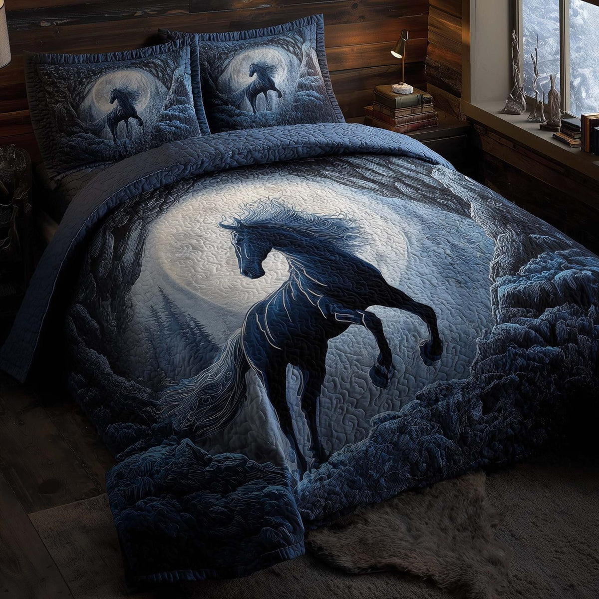 Majestic Horse quilted 3-piece bedding set on a made bed in a rustic timber bedroom