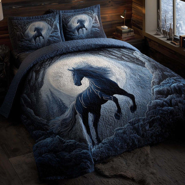 Majestic Horse quilted 3-piece bedding set on a made bed in a rustic timber bedroom