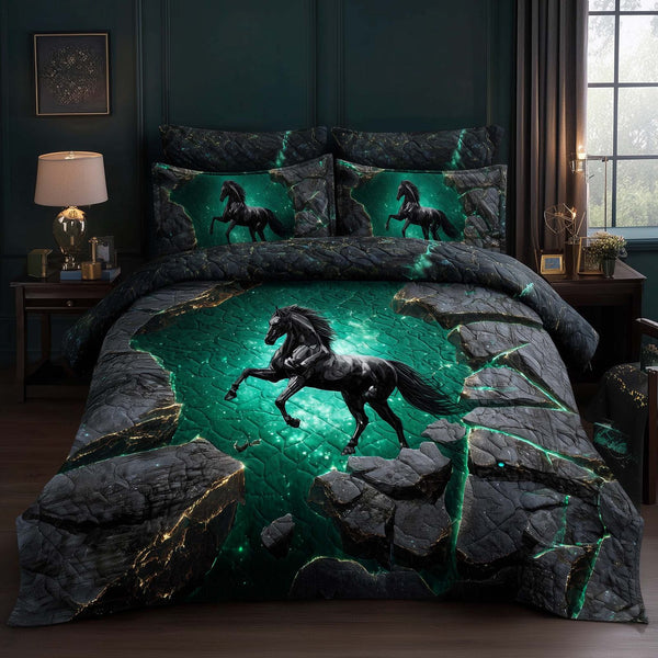Majestic Horse quilted 3-piece bedding set on a made bed in a rustic timber bedroom