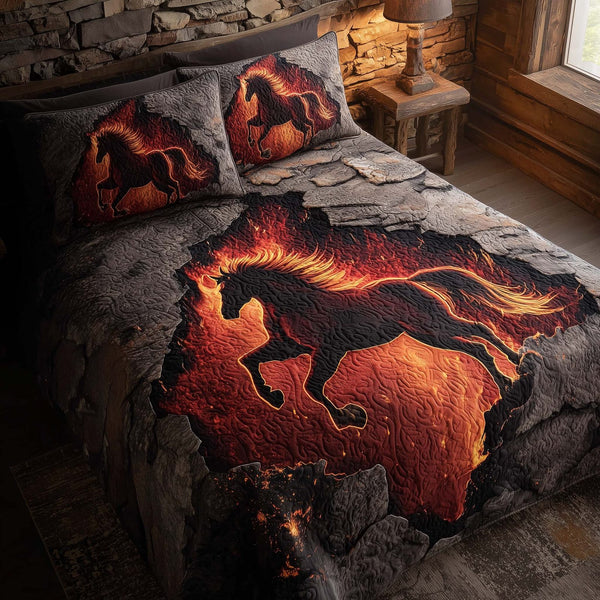 Majestic Horse quilted 3-piece bedding set on a made bed in a rustic timber bedroom