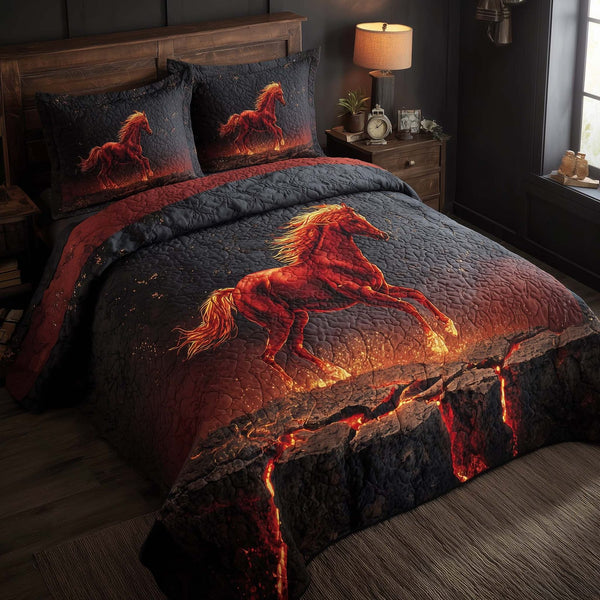 Majestic Horse quilted 3-piece bedding set on a made bed in a rustic timber bedroom