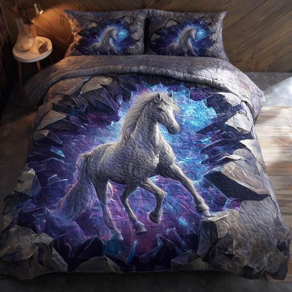 Majestic Horse quilted 3-piece bedding set on a made bed in a rustic timber bedroom